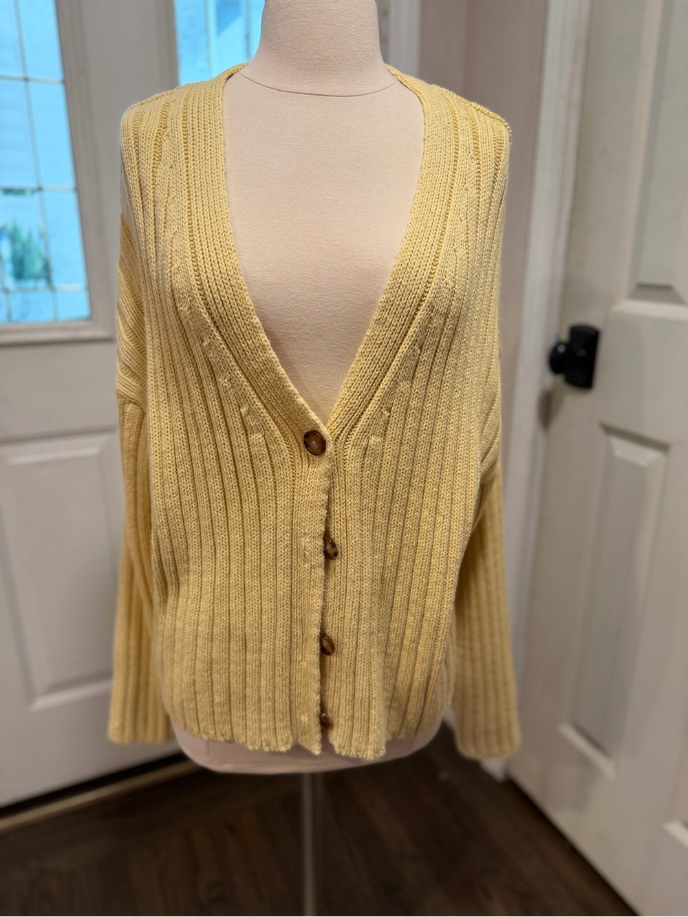 a new day Pale Yellow Ribbed V-Neck Button Cardigan